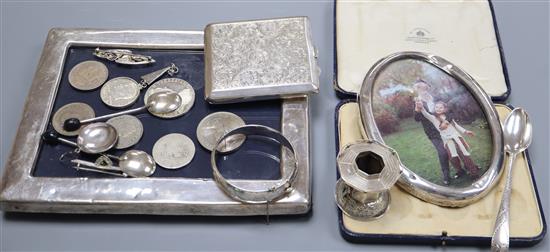 Mixed silver and other items including two photograph frames, Irish silver teaspoon, Dutch miniature, cigarette case, etc.